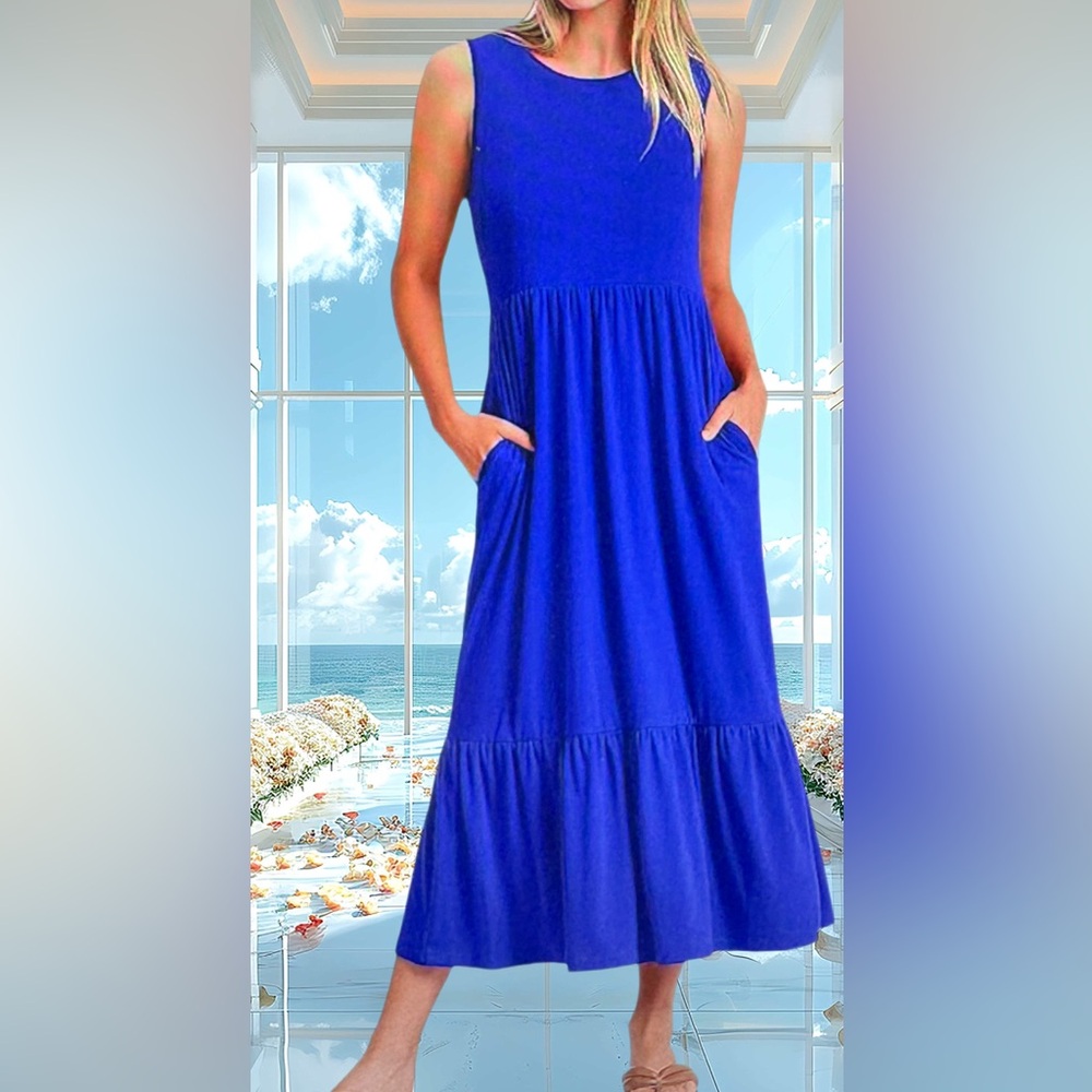 ANRABESS Blue Summer Sleeveless Crewneck A-line Sundress Size S